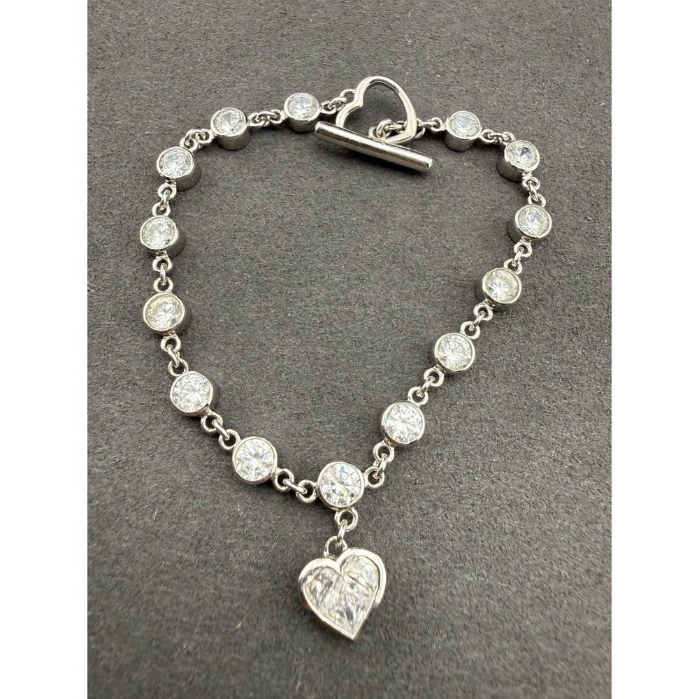 Sterling Silver Bracelet Heart Charm Clear Crystal Bezel Toggle Cocktail